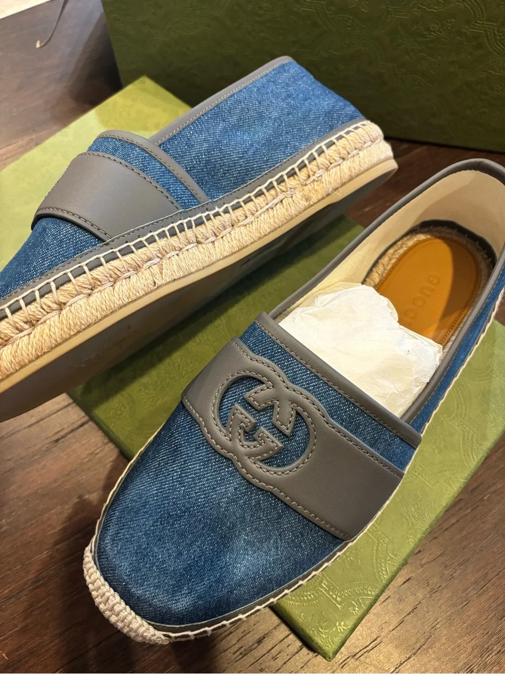 Gucci Denim & Gray Leather Espadrille Loafers